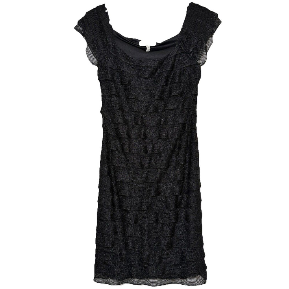 Corey P XL Black Tiered Ruffle Mesh Cocktail Party Sheath Dress Stretch